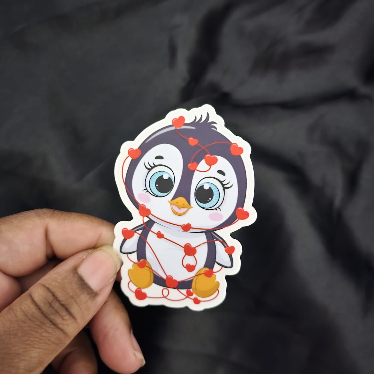 "Flippin' Cute" Baby Penguin String Hearts Weatherproof Sticker